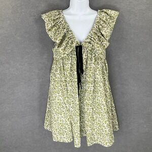 Green Dainty Floral Ruffle V Neck Mini Dress Black Tie Babydoll Cottagecore Boho